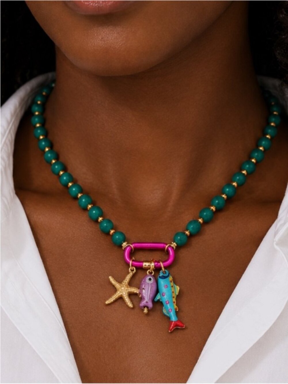 New! Coastal Colorful Green Bead Carabiner Dopamine Necklace NWOT 5040